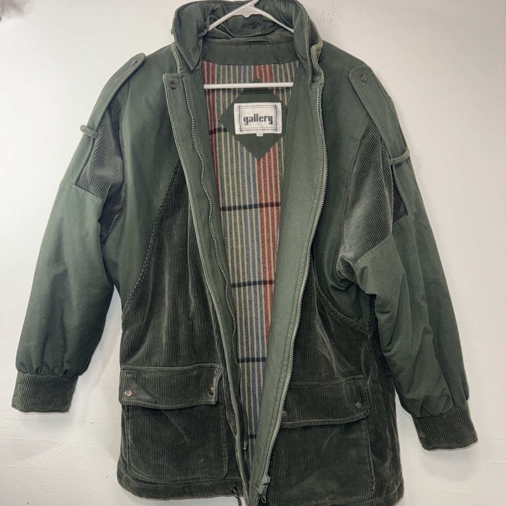Gallery Vintage Corduroy And Plaid Lined Mens Jacket Size 14 Olive Green Heavy